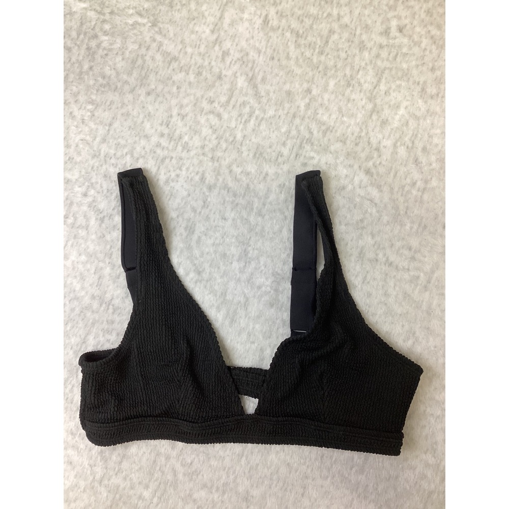 Good American Black Textured Crinkle V-Neck Bikini Top Large GSW0560LV